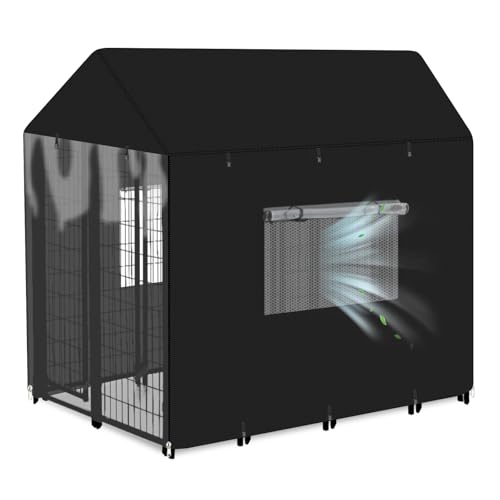 Outdoor Dog Kennel Cover Heavy Duty Full Coverage 600D Waterproof and Durable Dog Crate Cover for 8'Dx4'Wx6'H Multiple Brands of Dogs Kennelswith Mesh Breathable Good Observation?Covers Only?
