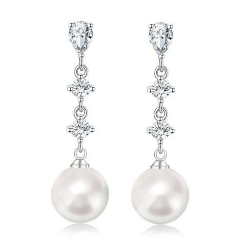 10mm White Pearl Drop Earrings for Women Bridal Wedding Jewelry - 14K Silver Plated Cubic Zirconia Studs, Hypoallergenic Bridesmaid Gifts
