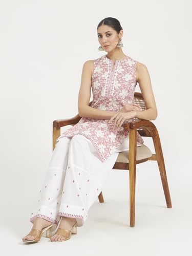 Image of FIORRA Women Light Pink Floral Printed & Embroidered Pure Cotton Straight Kurta with Farshi Salwar