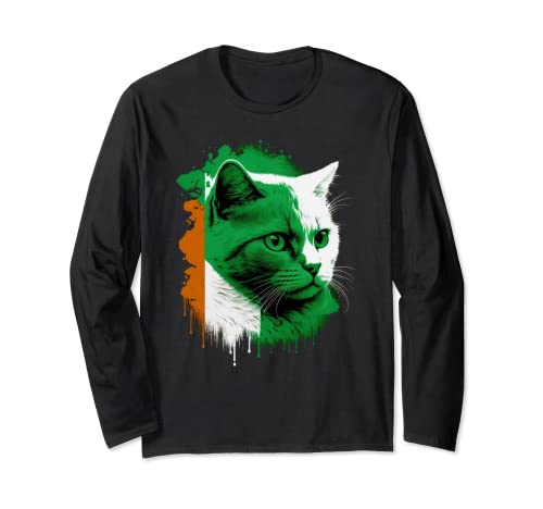 St. Patrick's Day Cat Irish Flag Ireland Men Women Manga Larga