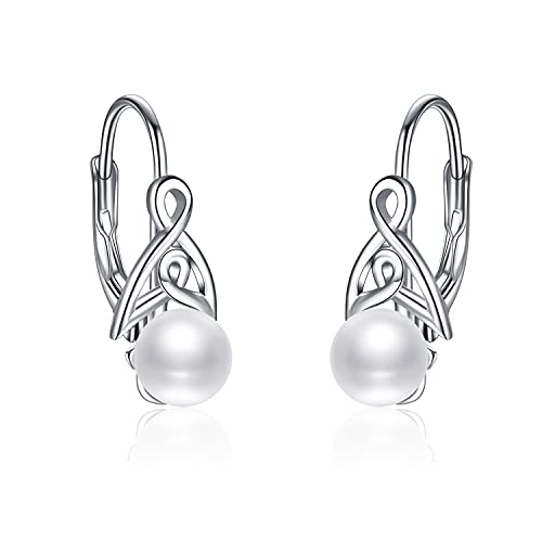 Pearl Earrings for Women 925 Sterling Silver Irish Celtic Knot Drop Dangle Earrings Leverback Jewelry Gifts (silver)
