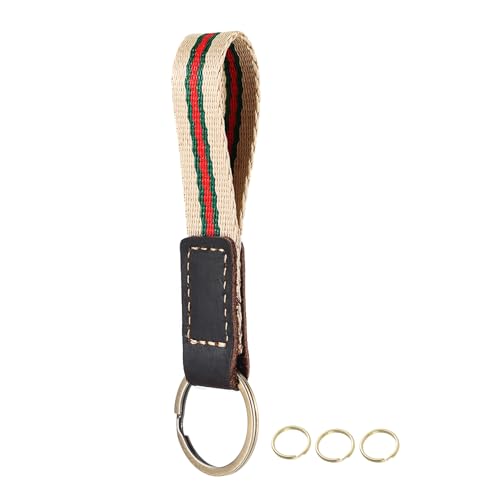 UpLook Nylon & Leather Key Chain, Striped Lanyard Keychain with 3 Key Rings, Stylish Key FOB Slim Car Key Holder House Key Organizer (Khaki)
