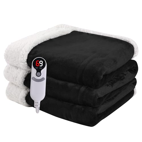 Heated Blanket Electric Blanket Full Size 72x84 with 9 Heating Levels 1-10 Hour Auto Shut Off Machine Washable Flannel & Sherpa Soft Warming Blanket for Couch Bed Office - Black