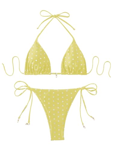 Image of SOLY HUX Women's Polka Dots Print Bathing Suit Halter Triangle Tie Side Bikini Sets Two Piece Swimsuit