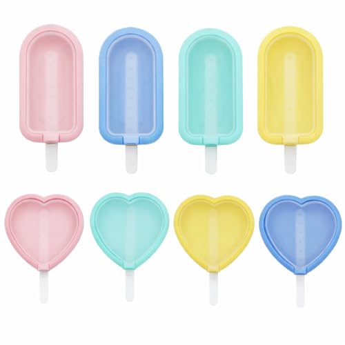 8 Pieces Ice Lolly Moulds with Sticks, Mini Silicone Ice Cream Maker, Reusable Chocolate Pop Moulds Forms with Non-Spill Lid for Kids