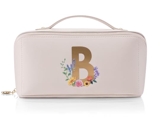 VLANDO Makeup Bag,Travel Toiletry Bag,Cosmetic Bag for Women PU Leather Portable Make up Bag for Skincare, Brushes & Travel Essentials-Toffee 0.53lbs