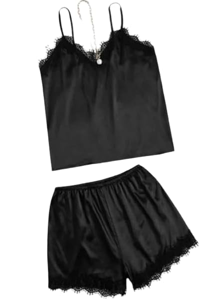 Image of Women's Satin Pajama Set with Lace Trim Camisole Top and Shorts Sleepwear Set Pack of2-1top 1nikkar