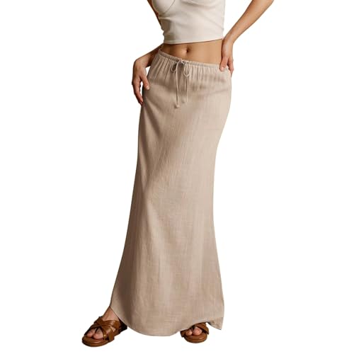 Skirts for Women Summer Casual A Line Drawstring Solid Low Waist Long Flowy Maxi Vacation Skirt