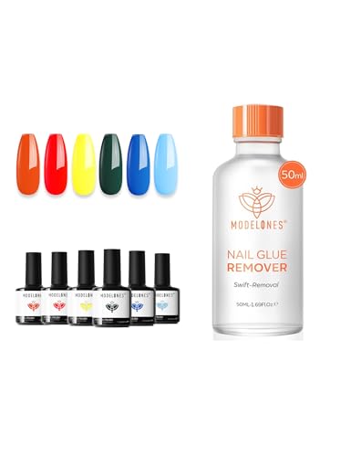 Image of modelones 50 ML Nail Polish Remover for Press On Nails Base Top Coat with 6 Colors Gel Nail Polish Set