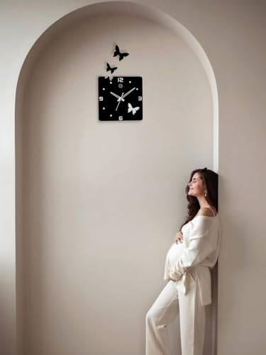 Image of cozyloom Butterfly Theme Square Acrylic Wall Clock | Modern 3D Decorative Wall Clock with Stylish Butterfly Design for Living Room, Bedroom, Office & Home Decor