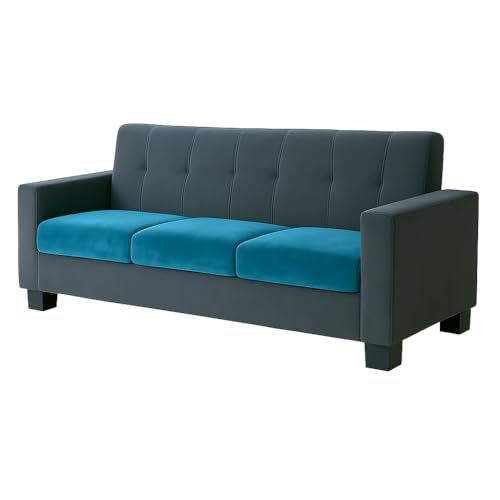 Image of Furny Homeway 3 Seater Fabric Sofa Set (Teal Blue-Dark Grey) | Soft Velvet Fabric | Modern Design | Comfortable Seating | Living Room Furniture