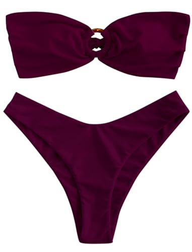 Image of ZAFUL Women's Bandeau Bikini O Ring Strapless Tie Back High Cut Two Piece Swimsuit Bathing Suits