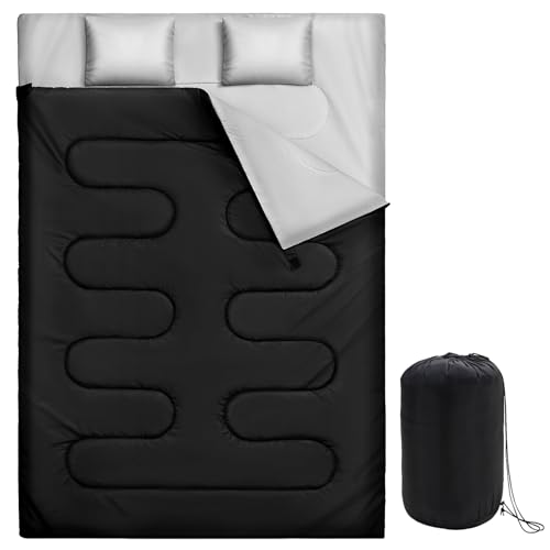 Warmiehomy Double Sleeping Bags for Adults with 2 Pillows, 3 Season King Size Sleeping Bag, 300 GSM Waterproof XL Sleeping Bag with Carrying Bag for Indoor & Outdoor Use, Warm Camping Quilt(Black)