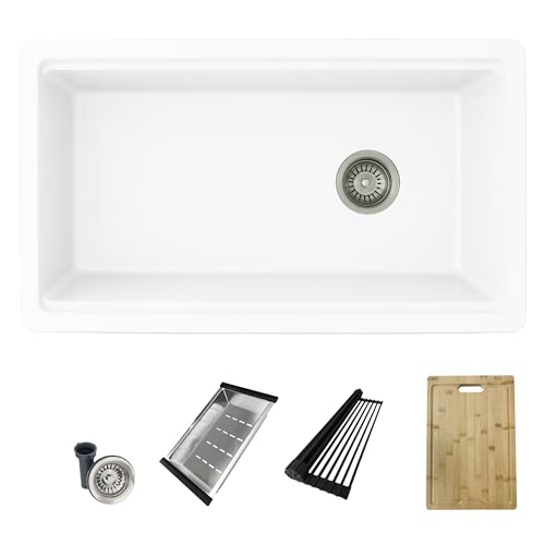 Image of Stylish 32 x 18 Inch Composite Granite Workstation Kitchen Sink, Single Bowl Under Mount & Drop in, 9.5 in Deep, with Cutting Board, Roll-Up Drying Rack, Colander & Strainer, White, S-832WH
