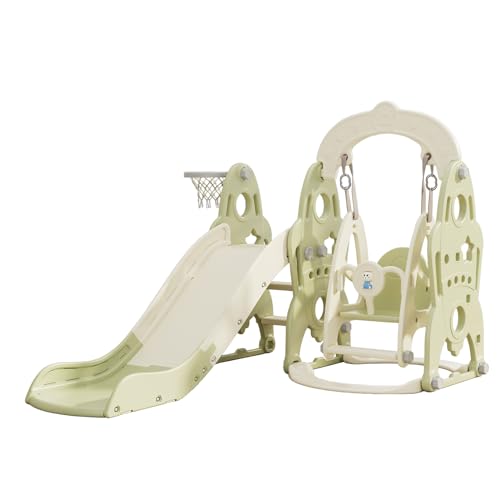 X IANGYU Kids Swing Slide with Basketball Hoop 3 in 1 Outdoor Indoor Play Structure Jumbo Slide Toys Green