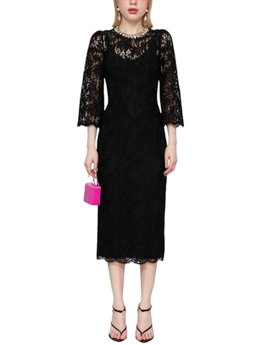 Women's 2025 Designer Lace Dress Beaded Diamond Long Sleeve Round Neck Slim Female Midi Elegant Dresses