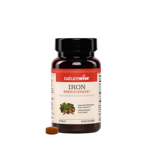NatureWise Vegan Iron Supplement for Women & Men - Gentle on Stomach High Absorption - Coated Iron Bisglycinate Tablets + Vitamin C, Methyl B12, Folate & Organic Food Blend - 30 Tablets[30-Day Supply] - image 1