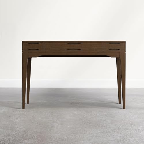 Image of SIMPLIHOME Harper Small Desk - 48 Inch Wide Solid Wood Writing Desk in Dark Brown Chestnut, Mid-Century Modern Home Office Computer Table for Study with 2 Drawers and Flip-Down Keyboard Tray