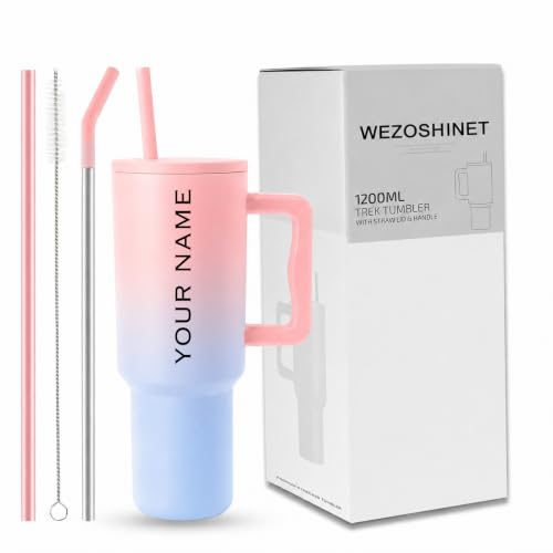Image of WEZOSHINET Personalized with Your Name, 1200ml Tumbler with Straw-Handle-Stainless Steel Double Wall Insulated Cup Leak-Proof Sipper Mug for Hot-Cold Drinks Coffee - Water Tumbler (Pink Blue Custom)