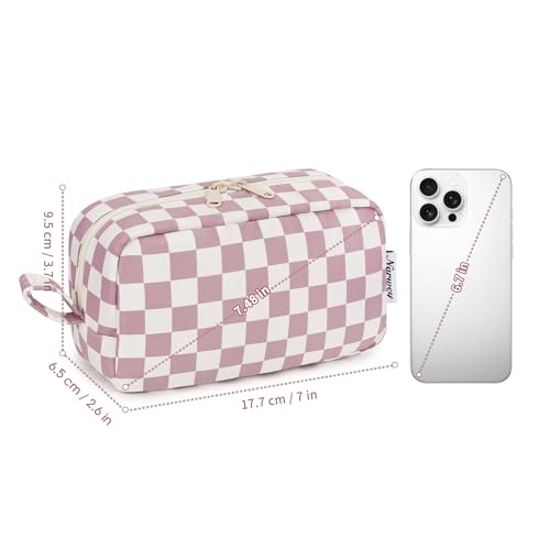 Image of Narwey Cute Checkered Makeup Bag with Organized Pockets for Women - Dusty Rose Checkerboard, Zipper Pouch, Mini Travel Makeup Pouch