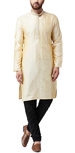 Image of SOJANYA (Since 1958 Mens Maroon Jacquard Silk Kurta and Black Churidaar Pyjama Set