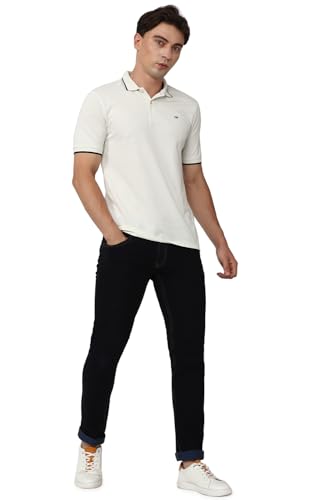 Image of Peter England Men's Snug Fit Solid Polo T-Shirt with Coloured Collar Tipping| Cotton Rich| Premium Pique Weave