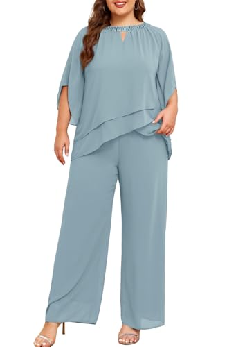 Hanna Nikole Mother of Bride Pant Suits Plus Size Half Sleeve 2 Piece Chiffon Pantsuit Formal Wedding Guest Outfit Grey Blue 16 Plus