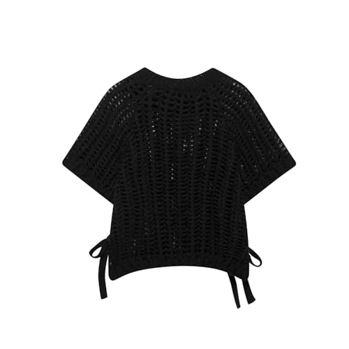 Women Crew Neck Chunky Knit Crop Vest Cute Loose Fit Short Sleeve Side Bow Tie Crochet Cropped Sweater Tank4