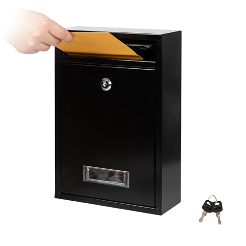 RAINHOL Lockable Wall Mount Mailbox Black 12.6 x 8.5 x 3.3 Inches