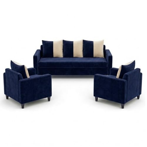 Image of FURNY Rion 3 Seater + 1 Seater + 1 Seater Fabric Sofa Set (Dark Blue-Cream) with Velvet Finish | Durable Comfort | Ideal for Living Room