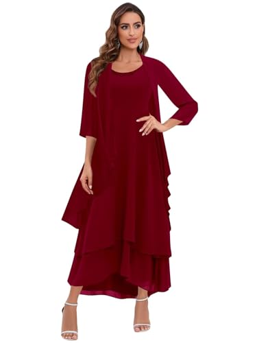 BANTRATIC 2 Pieces Mother of The Bride Dresses for Wedding Chiffon Ankle Length Tiered 3/4 Sleeve A-Line Formal Party Gown