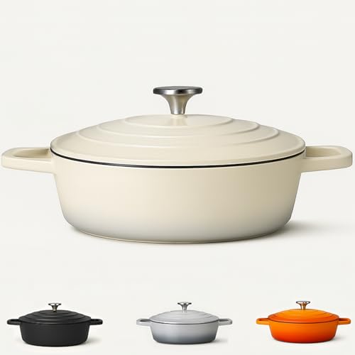 Casserole Dish with Lid Medium 4L, 28cm – Lightweight Cast Aluminium Casserole Pan Shallow Induction Hob & Oven Safe, Durable Non-Stick Cooking Pot Stew, Roast (Cream, 28cm - Shallow)