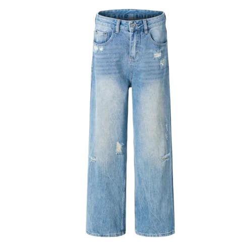 Men High Waist Wash Denim Pants Straight Leg Loose Fit Summer Casual Wide Leg Trousers