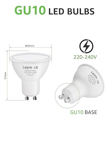 Lepro GU10 LED Bulbs, Cool White 5000K, 4W 345lm Energy Saving Light Bulbs, 50W Halogen Spotlight Equivalent, 100° Beam Angle, Daylight White, AC 220V-240V, Non-dimmable, Pack of 5