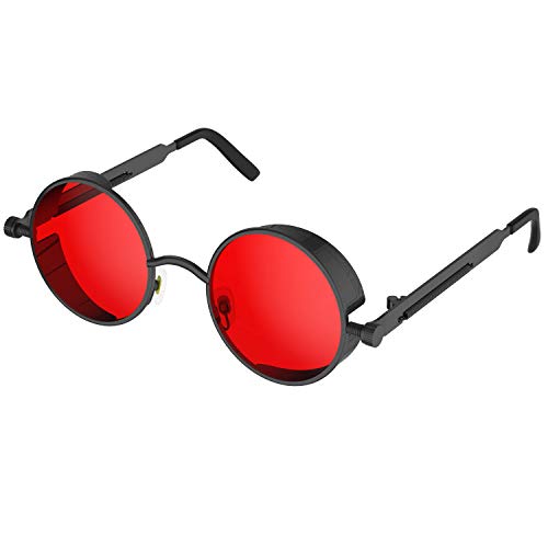 PROUDDEMON Retro Gothic Steampunk Sunglasses for Women Men Round Lens Metal Frame Shields for Parties Festivals (Black Red)