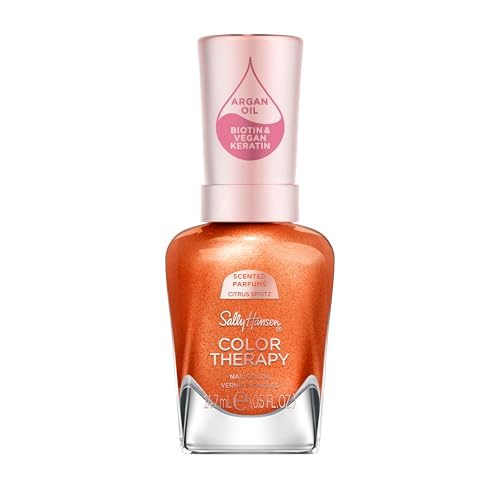 Sally Hansen Color Therapy Scented Nail Polish | Biotin Argan Oil Long Lasting Healthy Nails Nail Strengenther Opaque | 293 Zest Intentions Citrus Spritz| Bright Burnt Orange Nail Color