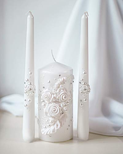 Magik Life Unity Candle Set - Wedding Ceremony & Reception – 6” Pillar & Two 10” Taper Candles – Long Burning Unity Candles for Marriage Ritual – Handmade in USA – White|Florals|Classic