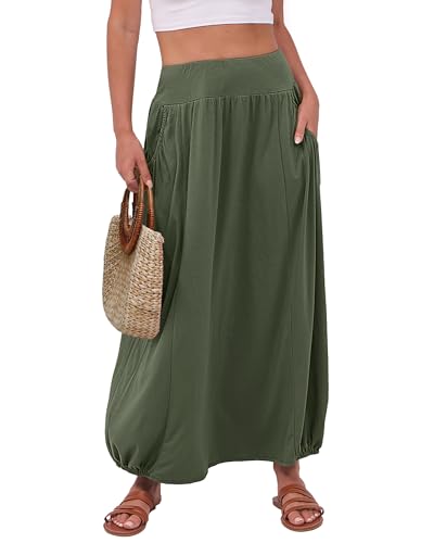 ANRABESS Women's Maxi Skirt Summer Trendy High Waisted Boho Flowy Long Skirts 2026 Spring Fashion Beach Vacation Clothes Olive Green Large