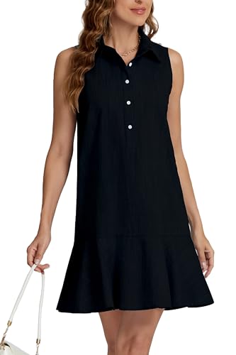 Kedera Women's Tunic Shirt Mini Dress Cotton Linen Shirt Dress Button Up Ruffle Hem Shift Dresses