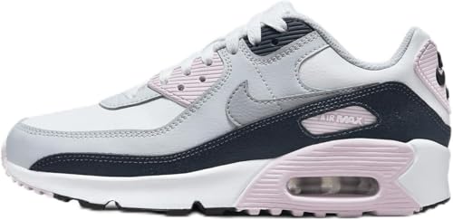Nike Air Max 90 Big Kids' Shoes (HF6358-104, White/Pink Foam/Armory Navy/Wolf Grey) Size 6.5