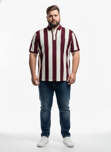 Image of Men's Plus Size Striped Polo T-Shirt with Chest Pocket, Classic Fit, Soft Cotton Blend Fabric for Casual and Smart Wear