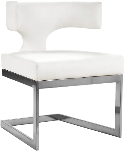 Meridian Furniture Alexandra Collection Modern | Contemporary Upholstered Dining Chair with Durable Metal Base, 22' W x 22' D x 29' H, White Faux Leather, Chrome