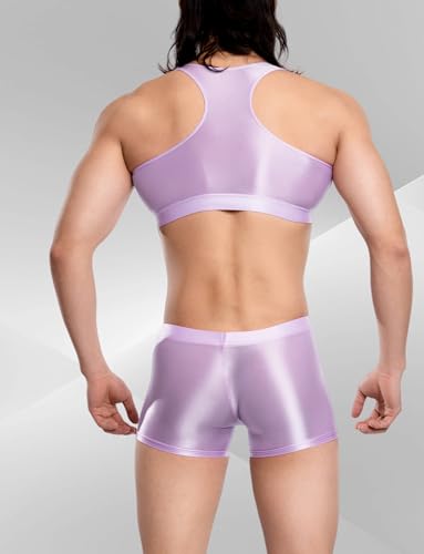 SEAUR Men's Sexy Glossy Lingerie Set Sheer Outfit Shiny Racerback Crop Top & Low Rise Pouch Boxer Underwar2