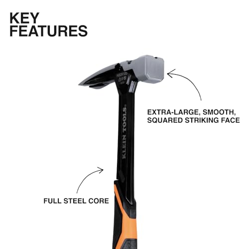 Image of Klein Tools H80918S Smooth Face Framing Hammer with Straight Claw, 18-Ounce Forged Steel, Magnetic Nail Starter and Extra-Large Squared Strike Face