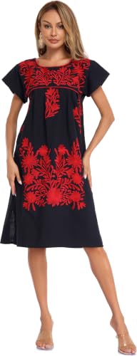 Image of YZXDORWJ Women Mexican Embroidered Long Dress Ruffle Collar Maxi Boho Floral Summer Short Sleeve