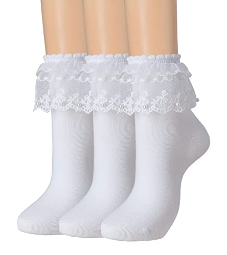 SRYL Women Ruffle Pearls Ankle Socks - Cute Cotton Lace Frilly Socks for Ladies & Girls