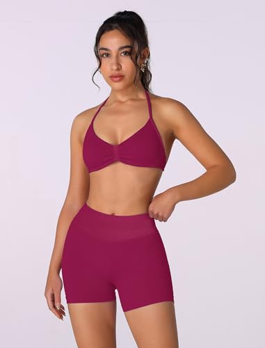 Image of ABOCIW Womens Seamless Workout Sets 2 Piece Strappy Halter Sports Bra Scrunch Butt Shorts Gym Yoga Outfits