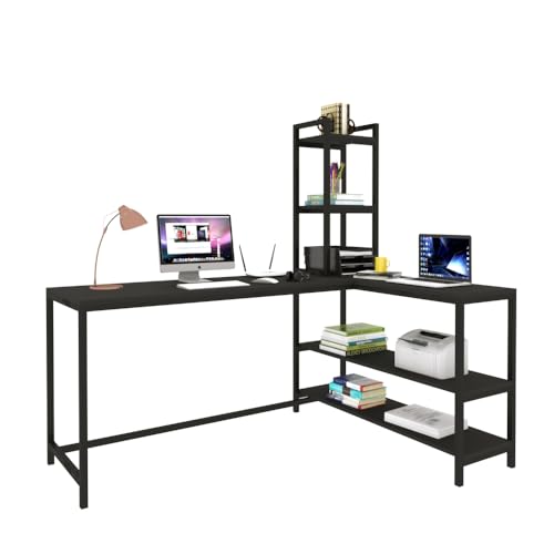 Image of Klaxon L Shaped Study Table for Students and Adults, Corner Computer Desk with Tower Shelf, Home Office and Gaming, Wood and Metal Frame, 162.5 x 112.5 cm, Full Black, DIY (English Black WOI)