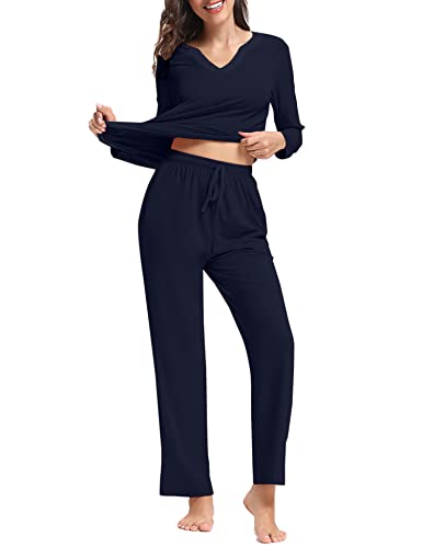 Hyppry Cotton Pyjamas Set for Women, Full Length V Neck Pajama Sets Lounge Wear Nightwear for Ladies (Navy Blue, S)