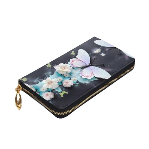 Leather Wallet 7.48 x 4.13 in - Stylish and Durable Wallet for Women with Multiple Compartments and Zipper Design White Butterfly Pattern3